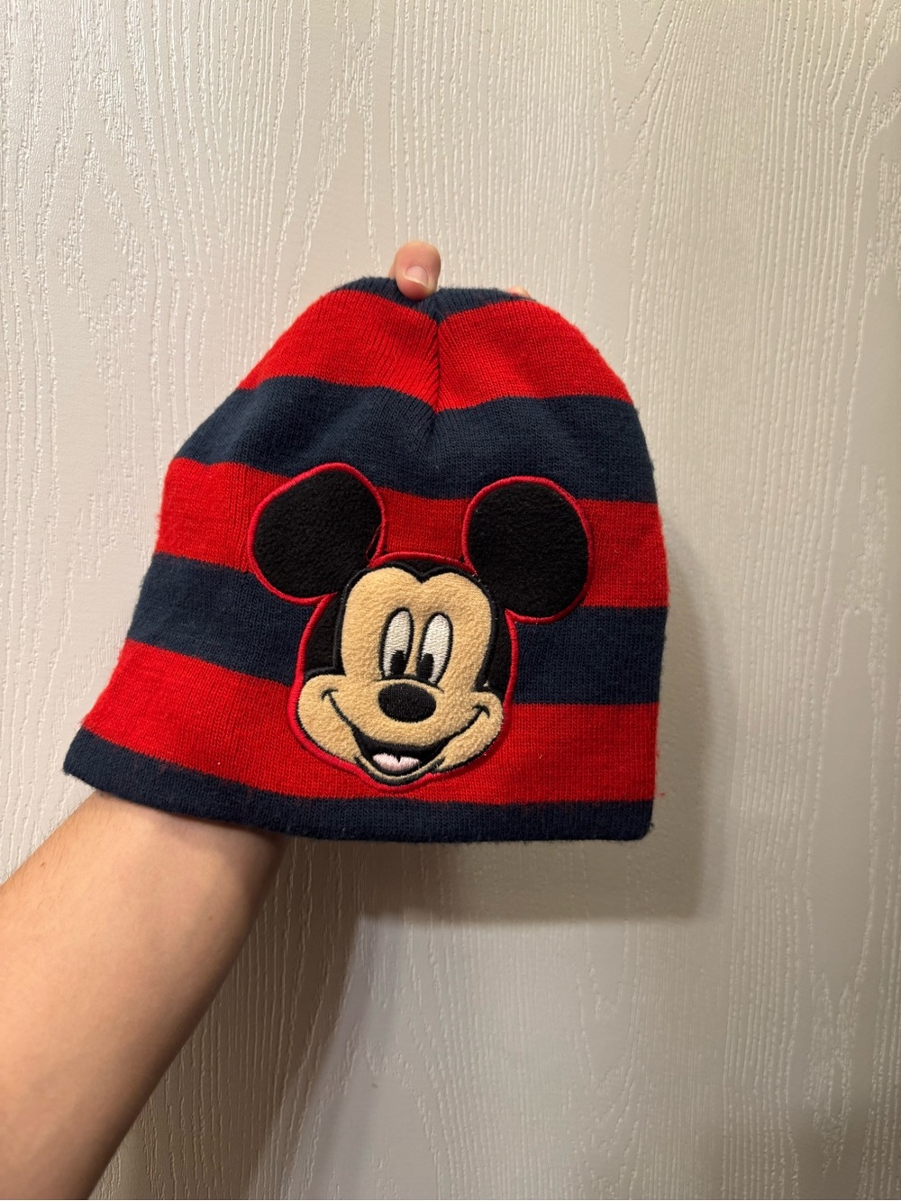 Disney Mickey Mouse Toddler Beanie Hat 2T-5T Red Navy Striped Embroidered